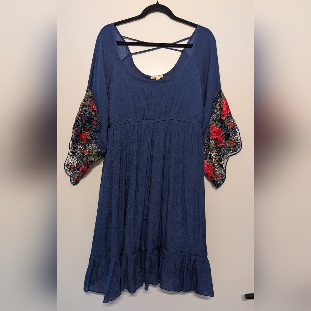 Kings Road Navy Blue Embroidered Boho Bell Sleeve Dress Size L